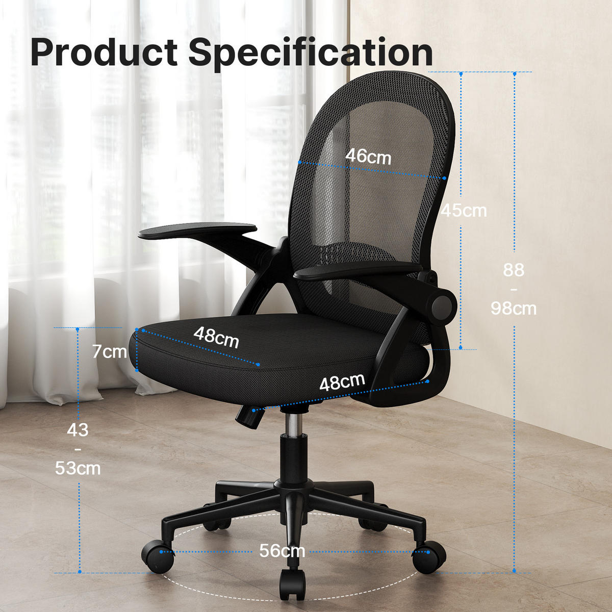 BÜROSTUHL ergonomisch, mittelhohe Rückenlehne, klappbare Armlehnen, Lendenstütze – Schwarz - Schwarz, Metall (56/98/56cm) - Rattantree