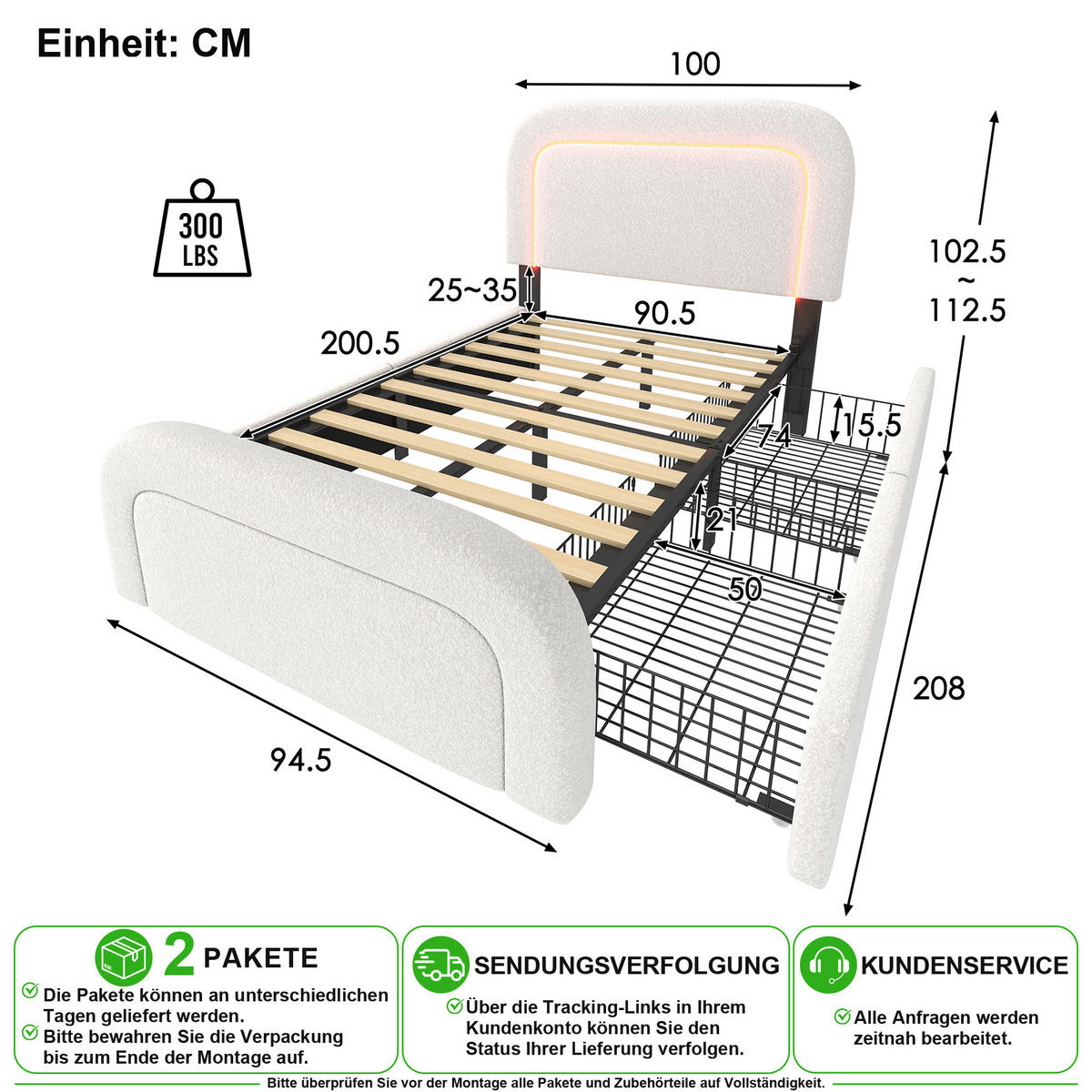 ČALOUNĚNÁ POSTEL 90/200 cm v bílé barvě se zásuvkami, LED a USB Type-C - bílá, kov/kompozitní dřevo (90/200cm) - CHICFURN