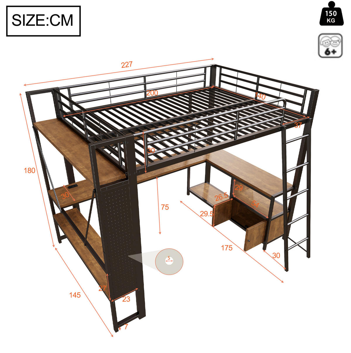 HOCHBETT 140/200 cm aus Metall mit LED-Lichtleiste und Schreibtisch Schwarz - Schwarz, Metall (140/200cm) - Modenvie