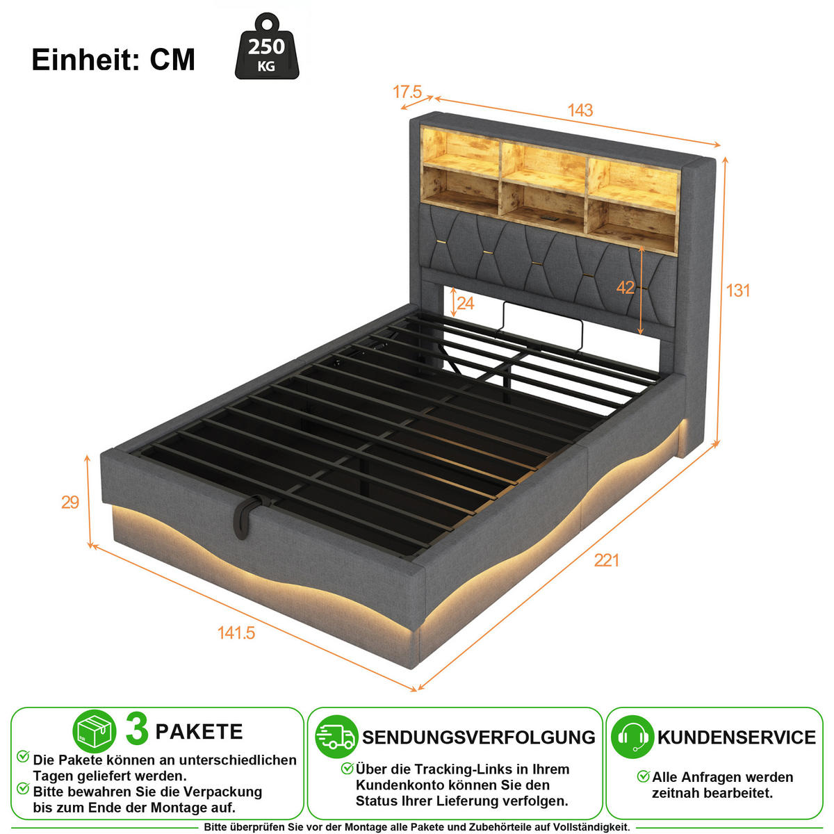 POLSTERBETT 140/200 cm in Grau mit Bettkasten, LED und USB Leinen - Grau, Holzwerkstoff/Textil (140/200cm) - CHICFURN
