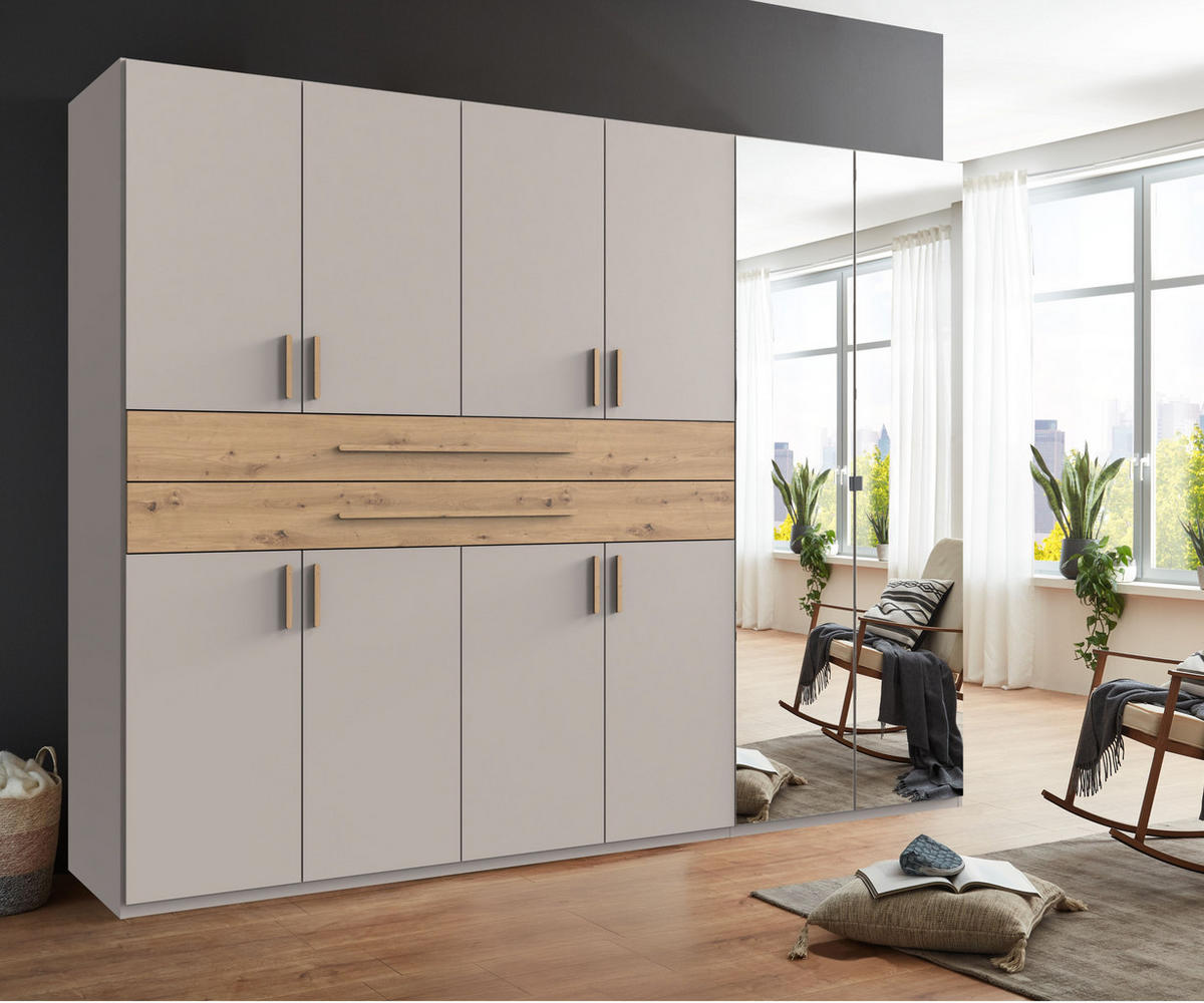 SKŘÍŇ S OTOČNÝMI DVEŘMI B270/H208/T58 cm, béžovo-šedá, šatní skříň se 2 zrcadlovými dveřmi, 2 zásuvkami a úchytkami v dekoru dub Artisan / 22648 - šedobéžová/dub artisan, kompozitní dřevo/plast (270/208/58cm) - luma-home