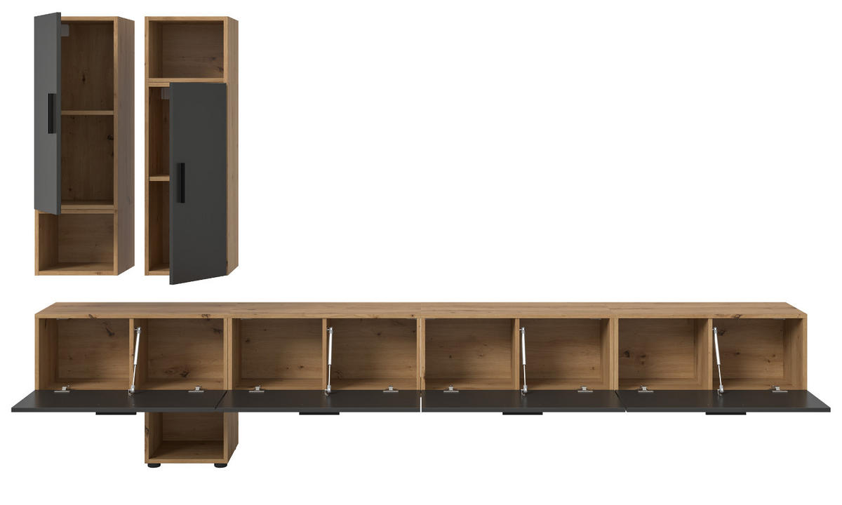 WOHNWAND grau, Eiche Artisan 300 cm, Wohnkombination hängend / stehend - Schwarz/Eiche Artisan, Holzwerkstoff/Kunststoff (300/178/34cm) - Inn.Furn
