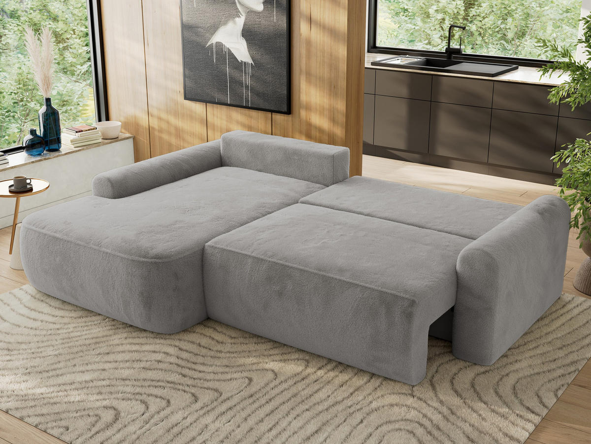 ECKSCHLAFSOFA CUBO L Hellgrau Plüsch - links - Hellgrau/Schwarz, Kunststoff/Textil (273/187cm) - MKS