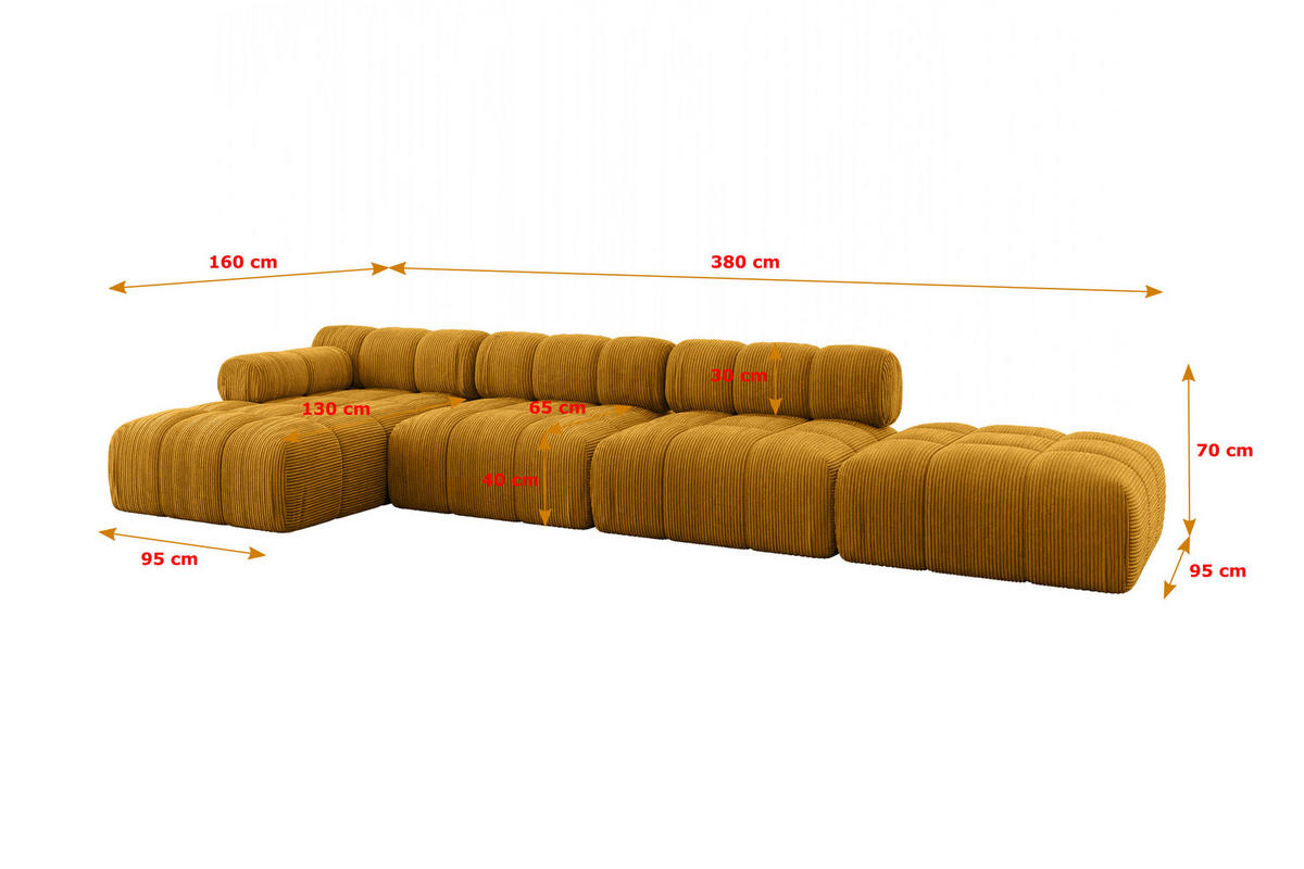 ECKSOFA modulares Sofa Lizur-L2 - 380x160x70 cm Senfgelb Cord - Currygelb, Holzwerkstoff/Textil (380/160cm) - ALTDECOR