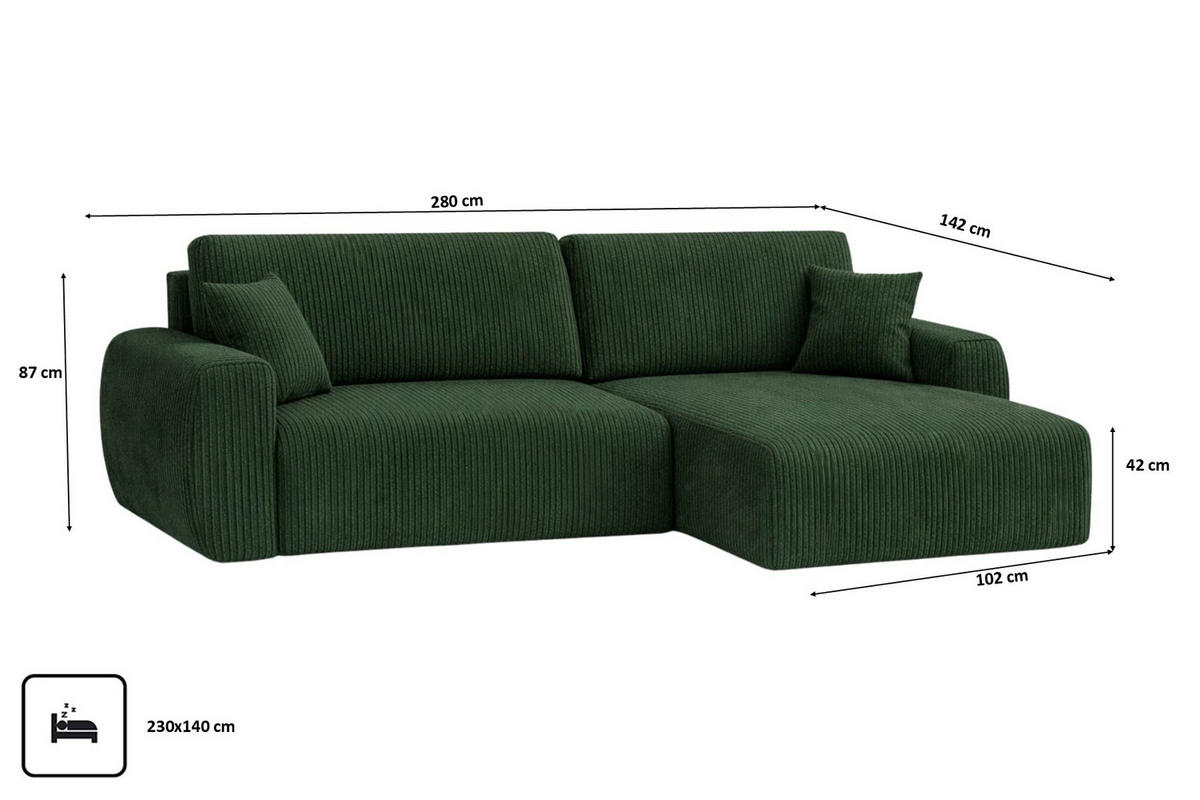 ECKSOFA Mit Schlaffunktion, Ariel XL, Cordstoff, Stoff Poso, Grün, Rechts - Grün, Holz (280/142cm) - Kaiser Möbel