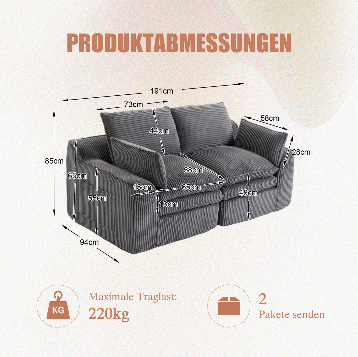 2-SITZER-SOFA 191/94/85 cm mit Seitentaschen, Kissen und Federkern, Cord, Dunkelgrau - Dunkelgrau, Textil (191/85/94cm) - Redom