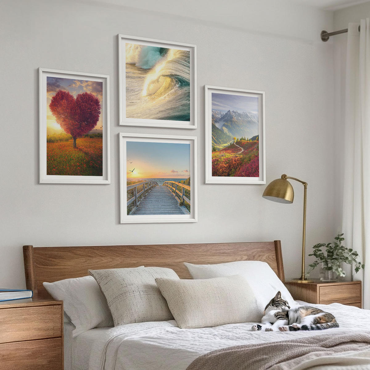 WANDBILDER 4er-Set - 50x50 cm & 40x60 cm Weißer Rahmen - Landschaften Berge Wellen Baum Herz Pier - Weiß, Kunststoff (50/50cm) - ArtPrintCave