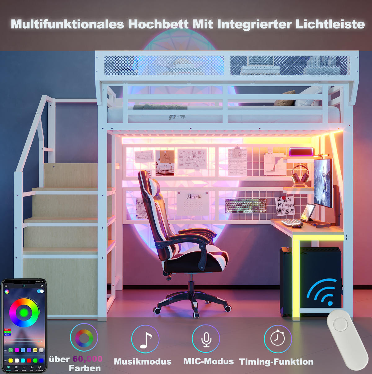 HOCHBETT 140/200 cm mit Schreibtisch, Regal, LED-Beleuchtung und Steckdose, Weiß - Weiß, Holzwerkstoff (140/200cm) - Redom