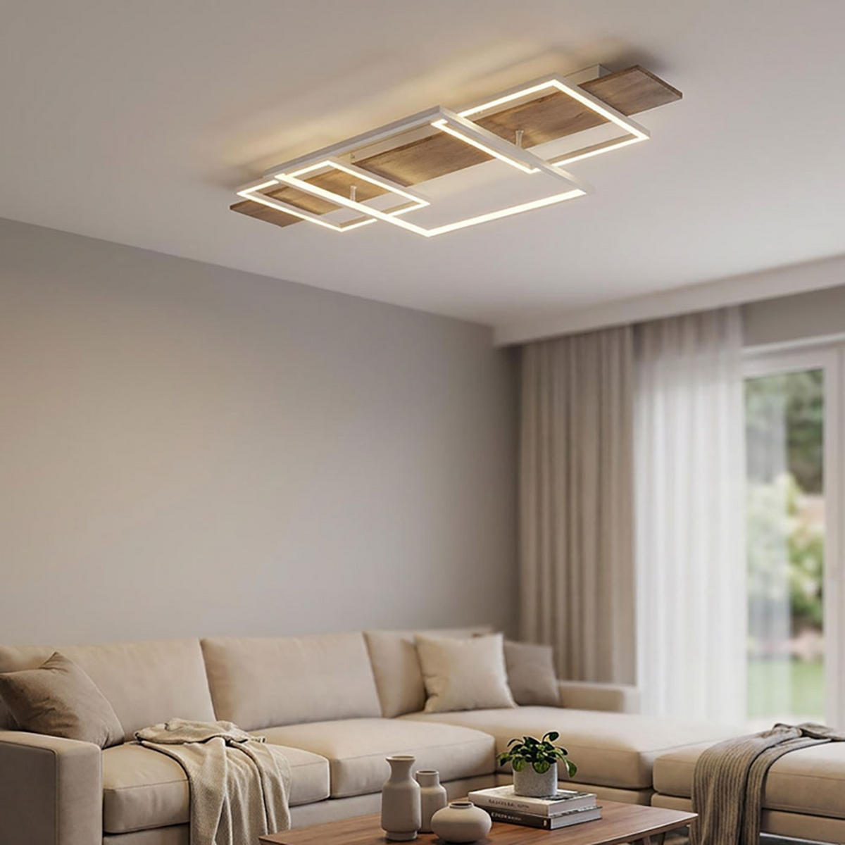 LED DECKENLEUCHTE Metall Holzoptik Braun - Weiß, Metall (95/40/10cm) - Globo Lighting