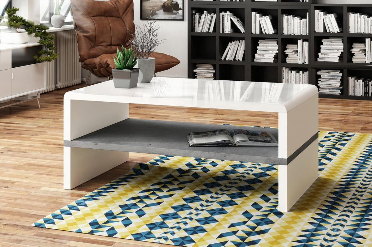 COUCHTISCH rechteckig Weiß Hochglanz - Beton mit Ablage - Weiß Hochglanz/Hellgrau, Holzwerkstoff (60/100/43cm) - designimpex