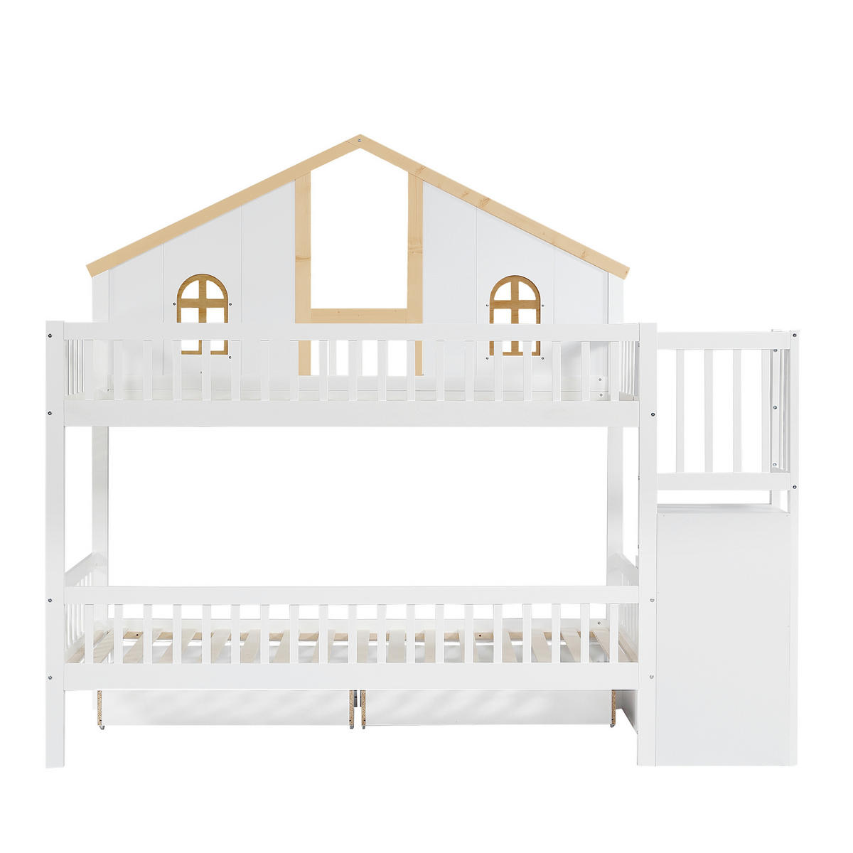 ETAGENBETT 90/200 cm & 90/200 cm in Weiß & Natur mit 2 Schubladen und Treppe - Weiß/Naturfarben, Holz/Holzwerkstoff (90/200cm) - WISHDOR