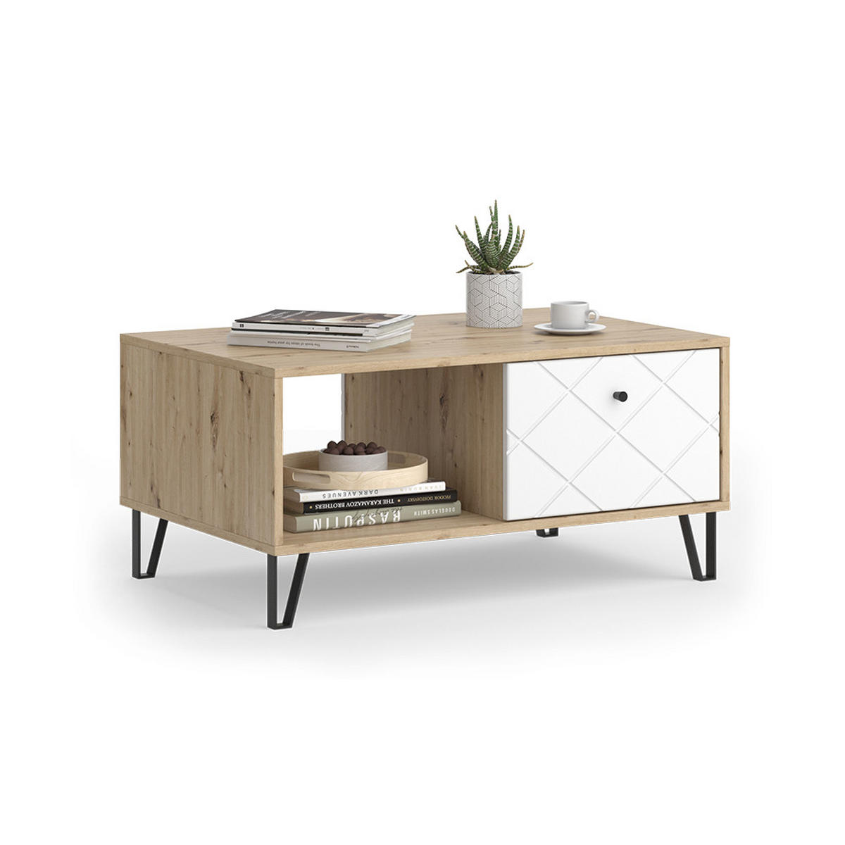 COUCHTISCH Nizza Artisan/Weiß 90.2 x 59.4 cm mit offenem Fach & Schublade - Eiche Artisan/Weiß, Holzwerkstoff (59.4/90.2/42.4cm) - Vicco