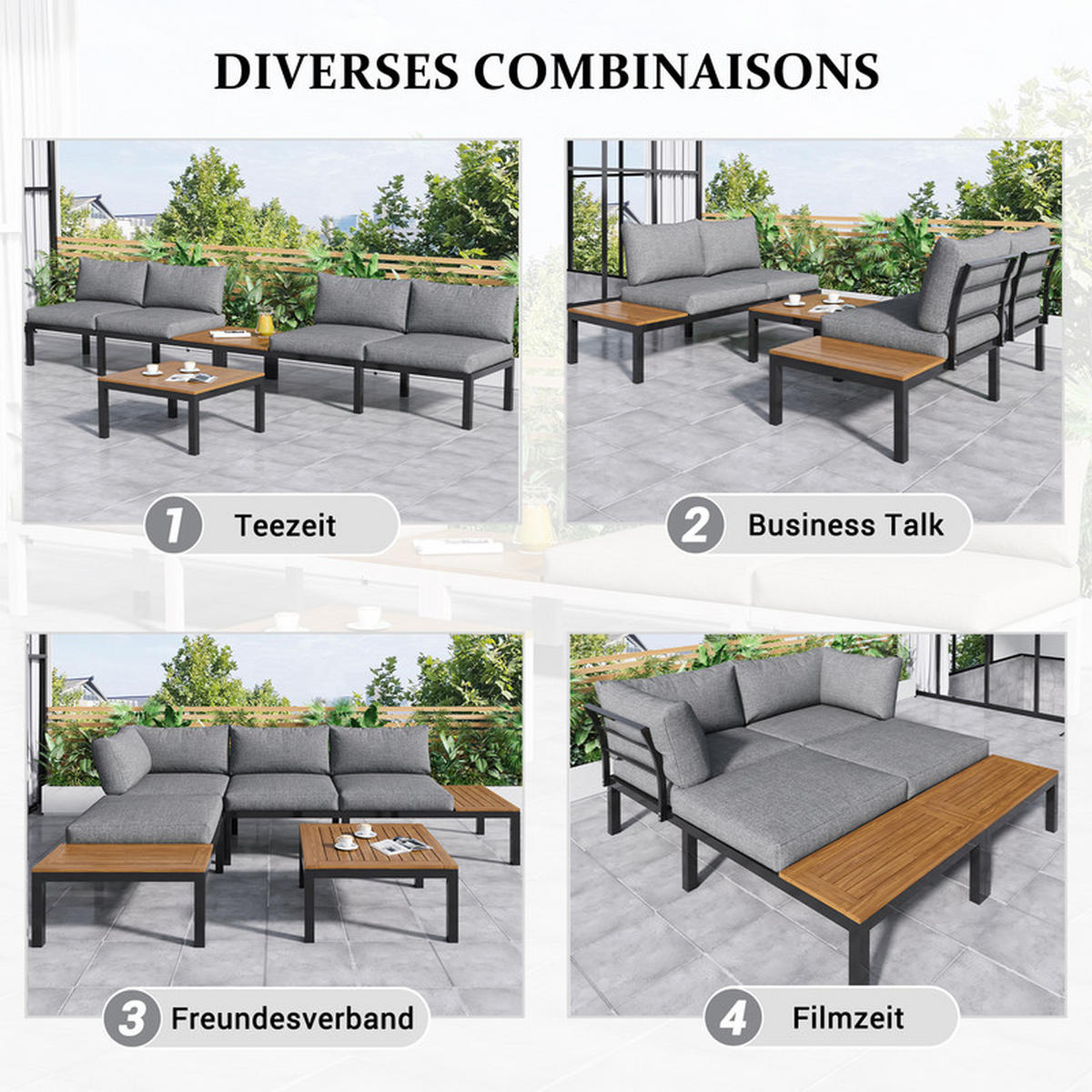 GARTENLOUNGE-SET GRAU 2 Zweisitzer mit Akazien-Tisch und Stoffbezug - Grau, Textil - BLACKCUP