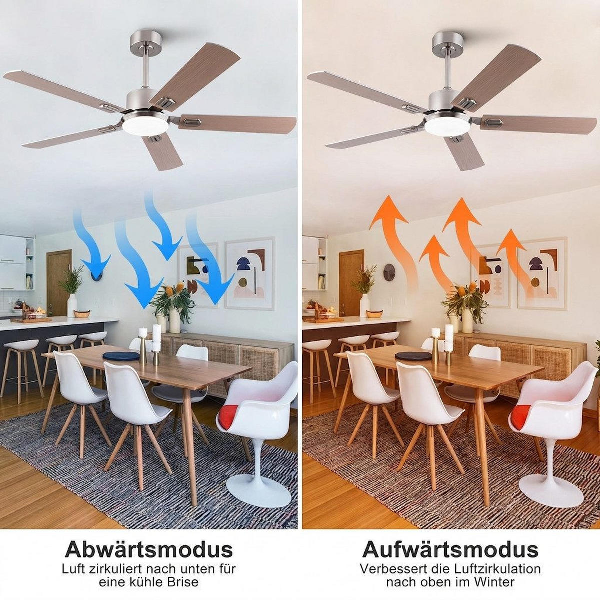 DECKENVENTILATOR mit LED-Licht 3 Farben und Fernbedienung DC-Motor - Silberfarben, Metall (132/132/46cm) - BEXEVUE