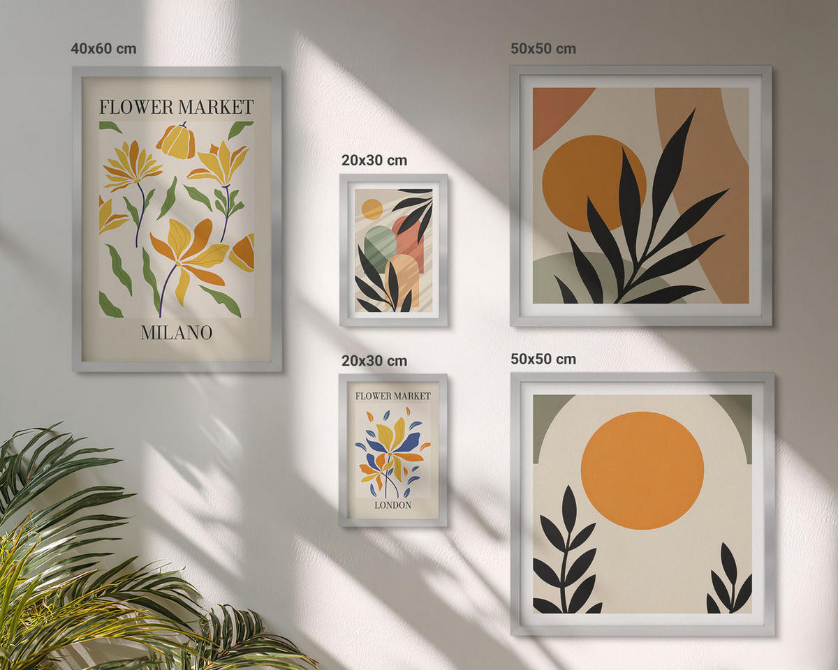 WANDBILDER 5er Set - 50x50 cm & 20x30 cm & 40x60 cm Silberner Rahmen - Abstrakte geometrische Formen - Silberfarben, Kunststoff (40/60cm) - ArtPrintCave