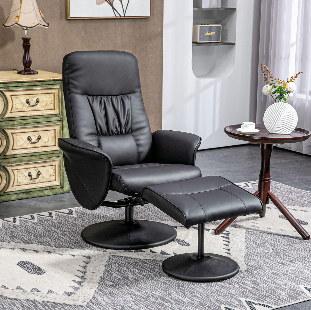 RELAXSESSEL 76/81/101 cm in Schwarz mit Hocker und Liegefunktion - Schwarz, Metall (81/101/76cm) - Flora Grace