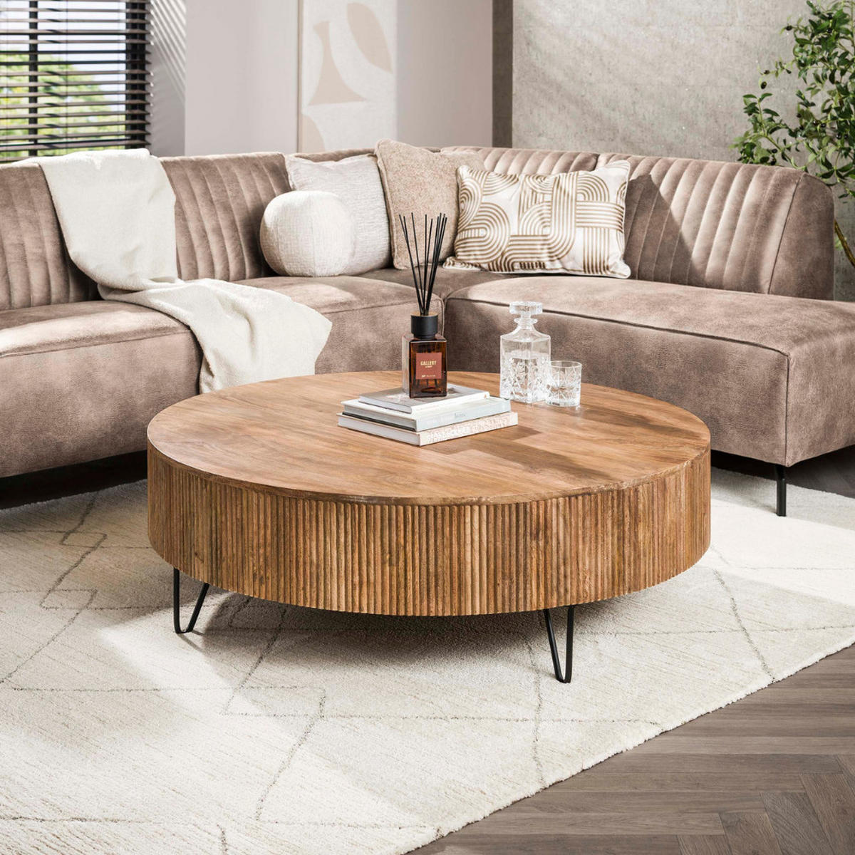 COUCHTISCH MILO GRAND XL-Rundtisch aus Mangoholz im Lamellen-Design - Sandfarben, Holz (120/120/38cm) - alesvelt