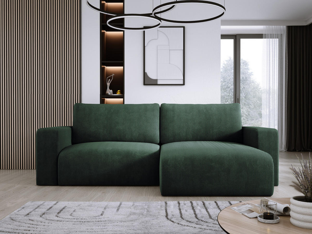 ECKSOFA Carl L-förmig Schlaffunktion und Bettkasten weicher Cordstoff flexibel stellbar lose Rückenkissen freistehend LINKS 143x247x83cm Forest green - Waldgrün, Holz/Textil (143/247cm) - DomoHome