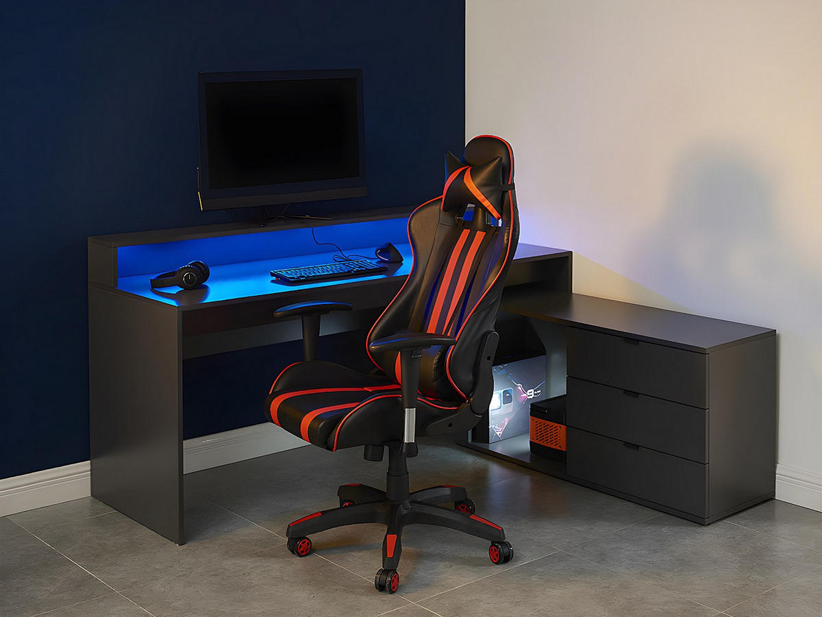 GAMING-ECKSCHREIBTISCH mit Stauraum & LEDs - MDF - Grau - NEHA - Anthrazit, Holz (120/180/90cm) - Vente-Unique