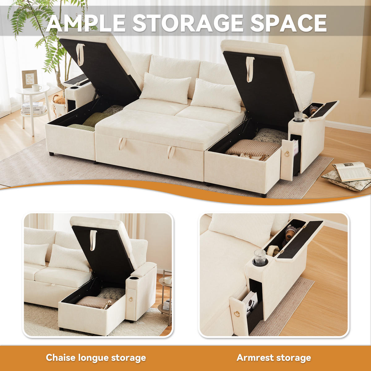 SCHLAFSOFA U-Form mit Getränkehalter und Stauraum, Beige - Beige, Textil (272/84/131cm)