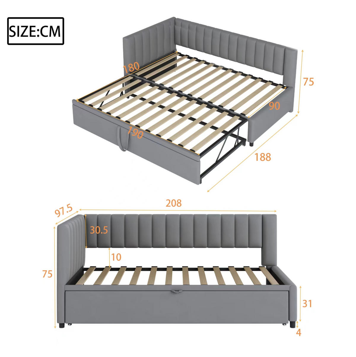 SAMT-POLSTERBETT 90/200 cm mit Ausziehbett und gepolstertem Kopfteil, Grau - Grau, Textil (90/180cm) - BEAOK