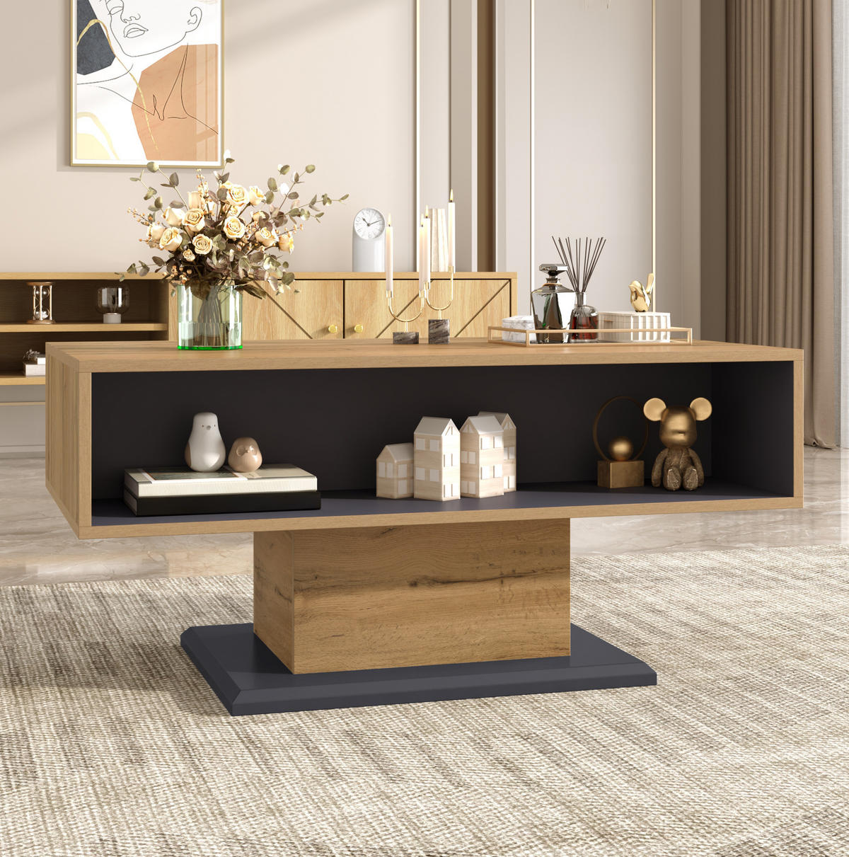 COUCHTISCH aus Spanplatte 100x50x46,5 cm in Naturfarben mit Stauraum - Naturfarben, Holzwerkstoff (100/50/46.5cm) - Modfu