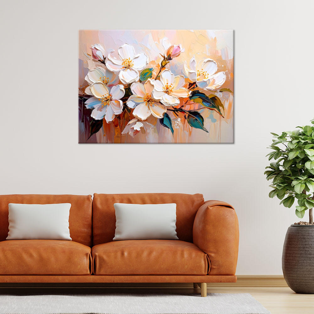 LEINWANDBILD Gemalte weiße Blumen in Beige 100x70cm - Beige, Textil (100/70cm) - Feeby