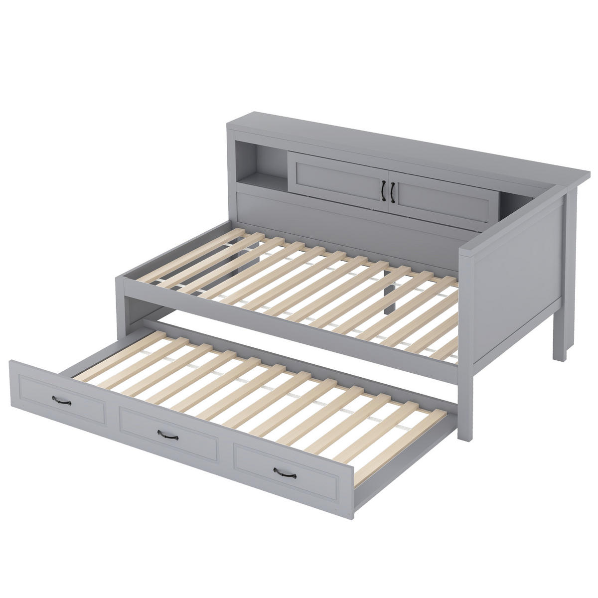 SCHLAFSOFA 90x200cm Grau LED-Licht Bettseite Staufach Ausziehbett USB - Grau, Holz (90/200cm) - FLIEKS