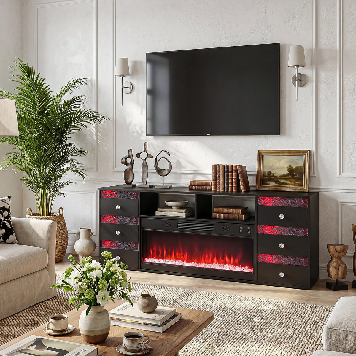 TV-SCHRANK mit Elektrokamin Beleuchtung RGB Lowboard 6 Schubladen Schwarz 180/40/65CM - Schwarz, Metall (180/65/40cm) - VANITII