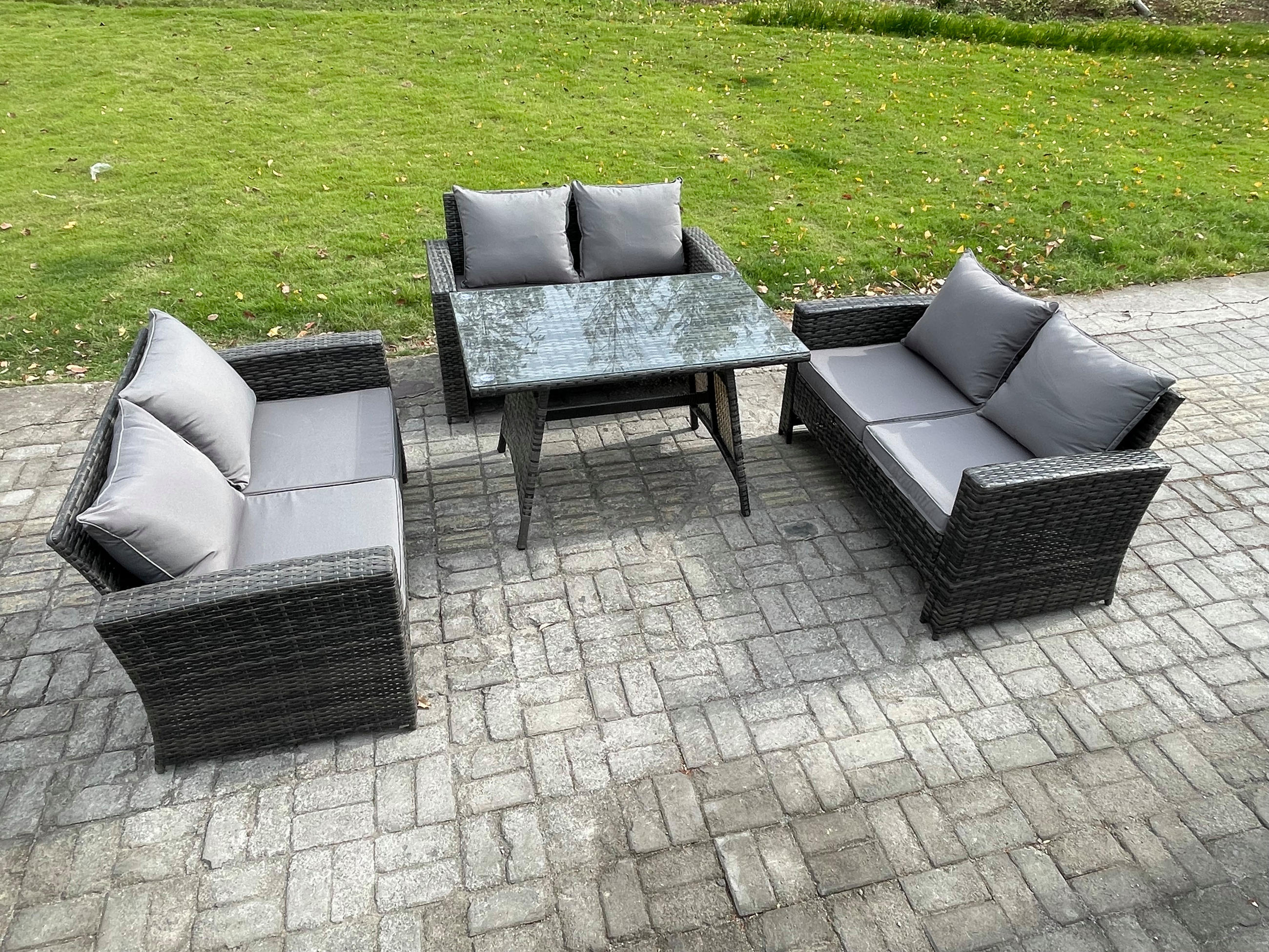 GARTENMÖBELSET mit ESSTISCH,HOCHLEHNER-SOFA Polyrattan Dunkelgrauer Mix 6-Sitzer - Dunkelgrau/Grau, Glas/Kunststoff - Fimous