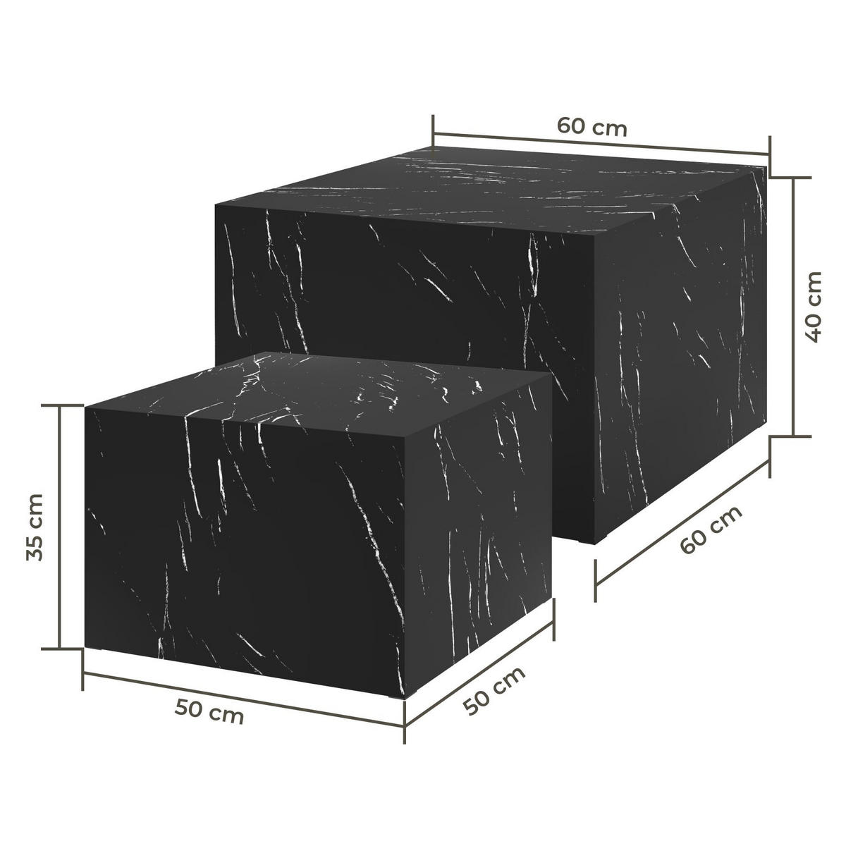 COUCHTISCH 2er Set Lacey, inkl. Filzschoner, Belastbarkeit 45 kg, Marmor Optik schwarz - Schwarz, Holz (60/60/40cm) - tectake