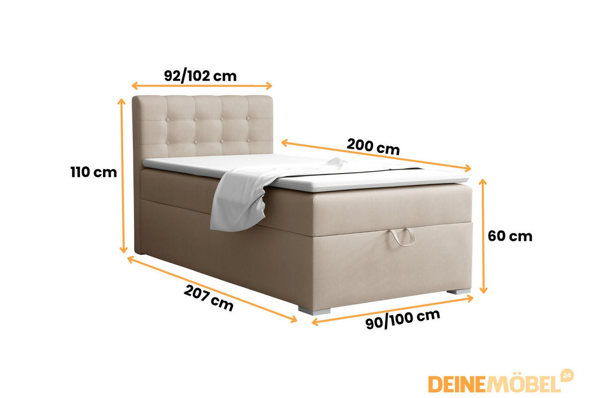 BOXBETT TEEN 3 90/200 Velours Beige H4 - Beige, Holz/Holzwerkstoff (90/200cm) - Deine Möbel 24