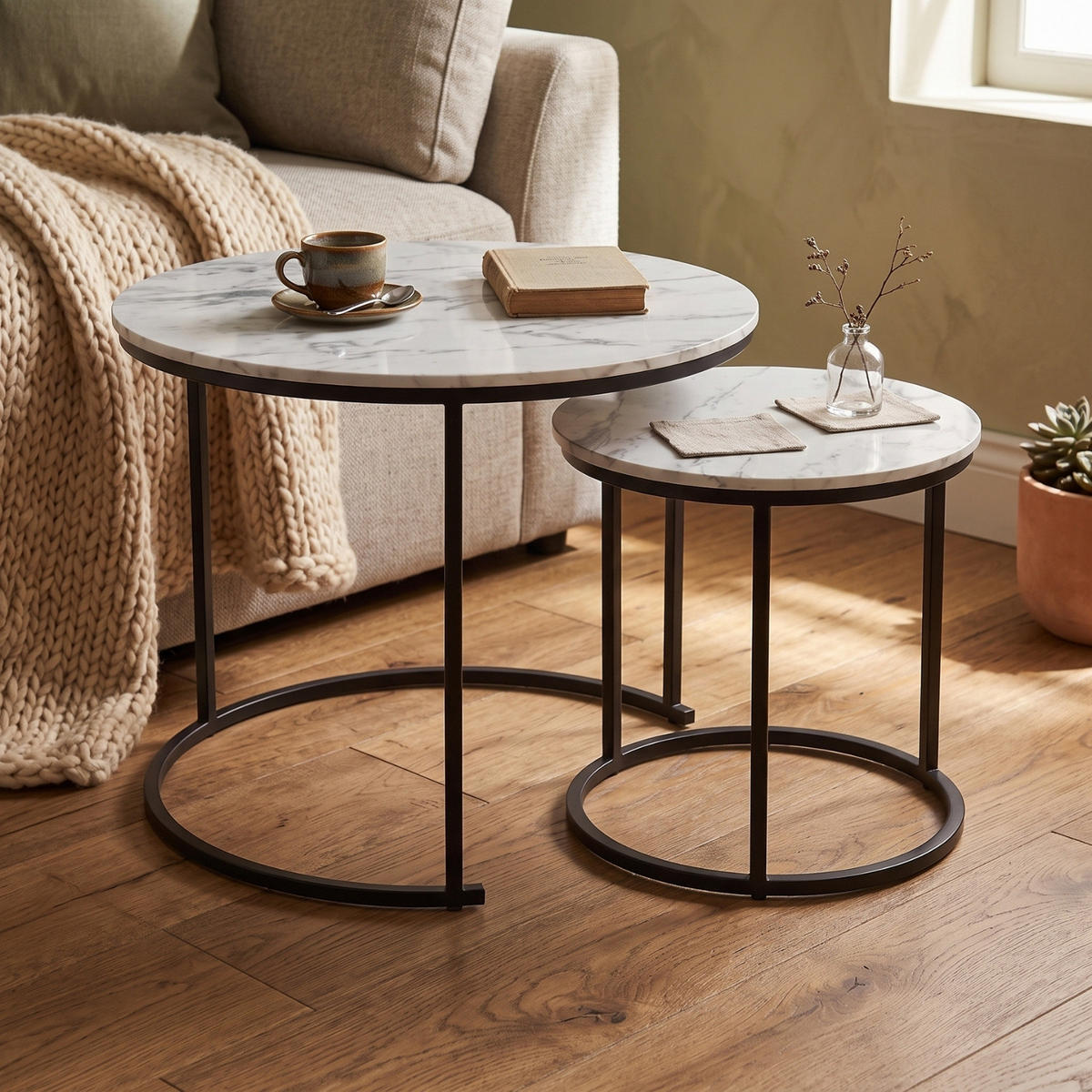COUCHTISCH 2er-Set rund Schwarz, Weiß - Weiß, Metall (60/60/50cm) - SCENA LIVING