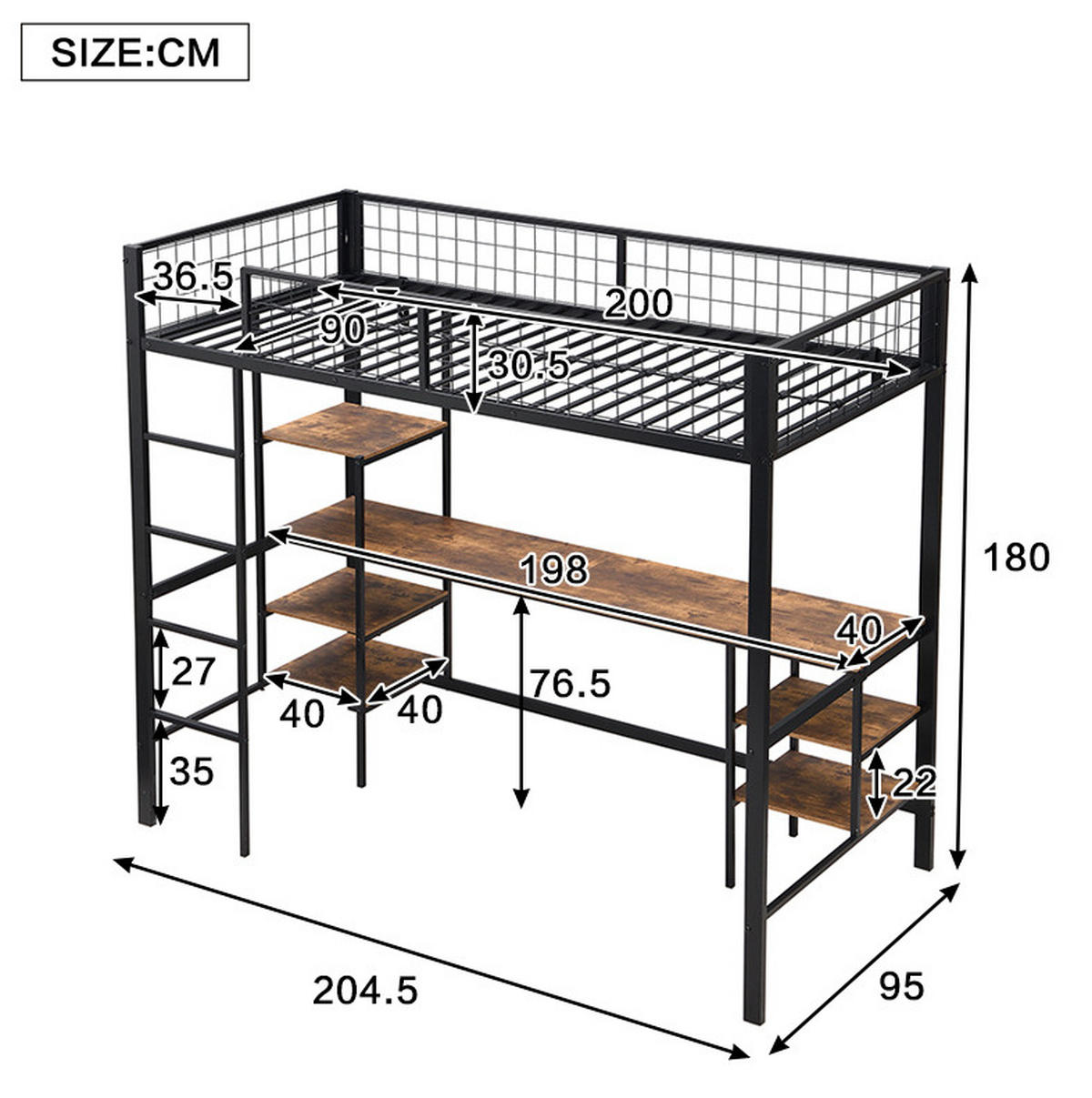 ETAGENBETT 90/200 cm schwarz aus Metall und Spanplatte mit Tisch und Regalen - Schwarz, Metall (90/200cm) - OKWISH