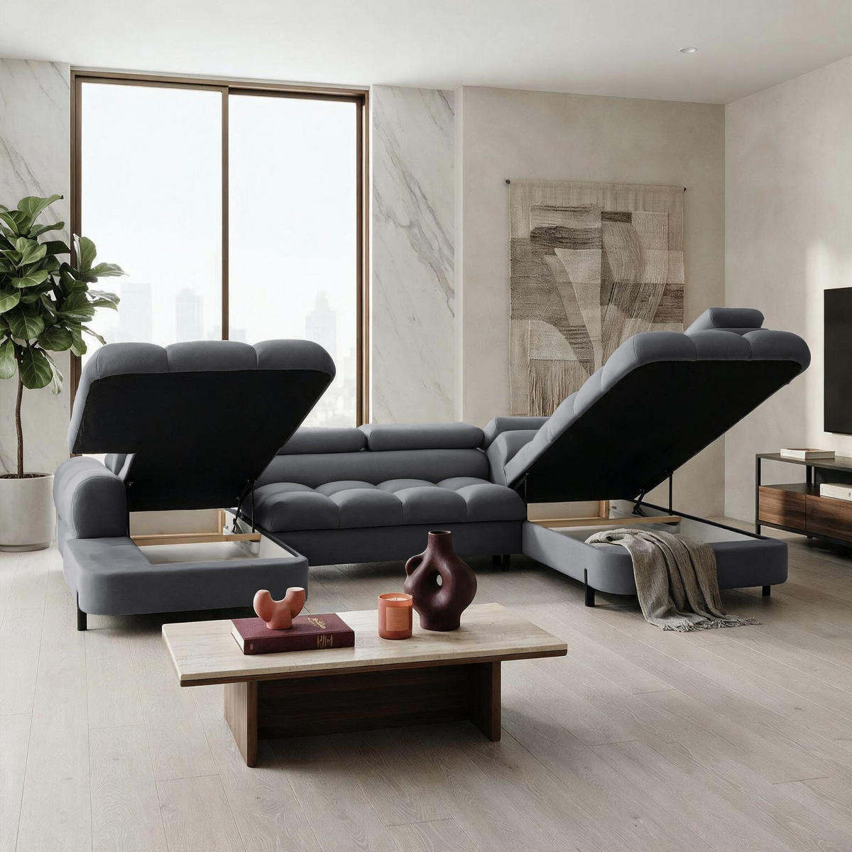 ECKSOFA U-Form BOWL U Rechts mit Schlaffunktion 125x265 Velours Dunkelgrau - Dunkelgrau/Schwarz, Holz/Textil (195/90/339cm) - Muffo