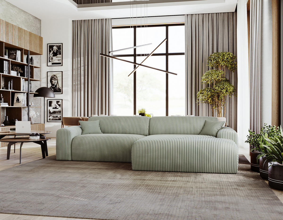 ECKSOFA mit Longchair - Cord - Schwarz/Grün, Kunststoff/Textil (284/178cm) - home24