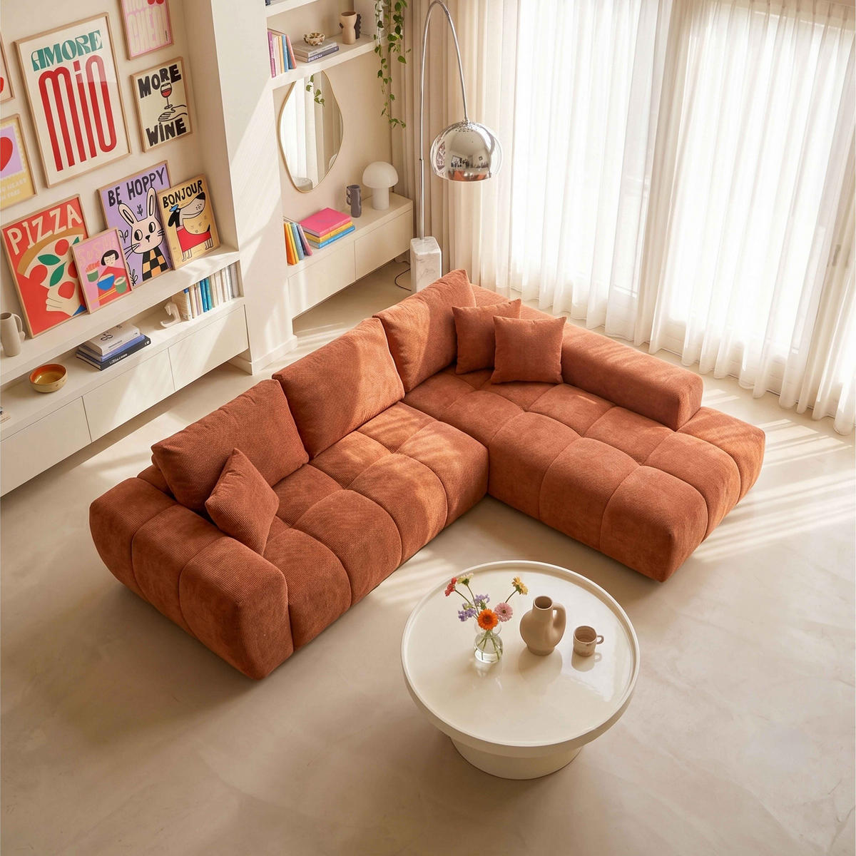 SOFA 3-Sitzer, Terrakotta - Rot, Holz/Textil (270/205cm) - Oviala