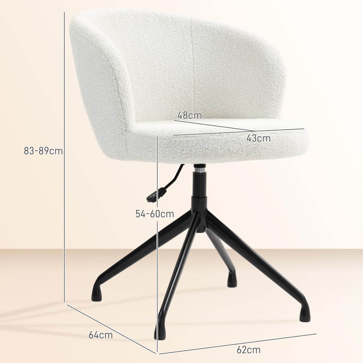 DREHSTUHL DE-11698 ergonomisch höhenverstellbar 360° drehbar Bouclé-Stoff Weiß - Creme, Textil (64/89/62cm) - ComfortXL