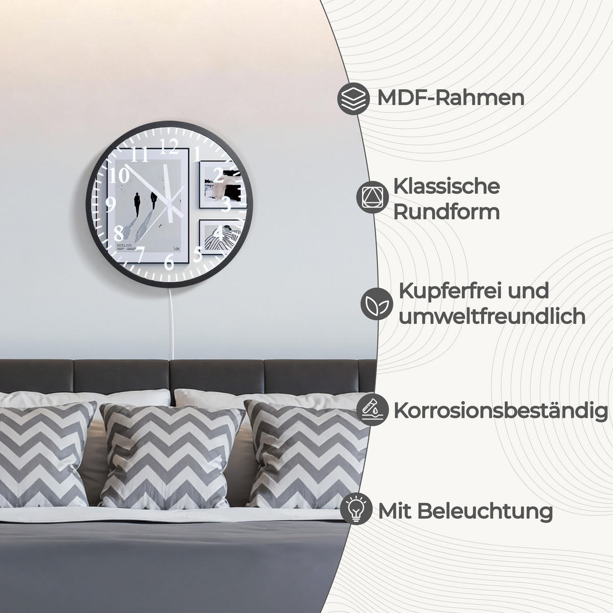 40X40CM Runder LED-Spiegel mit Uhrfunktion - Schwarz, Glas (40/40/3.5cm) - Hometopia