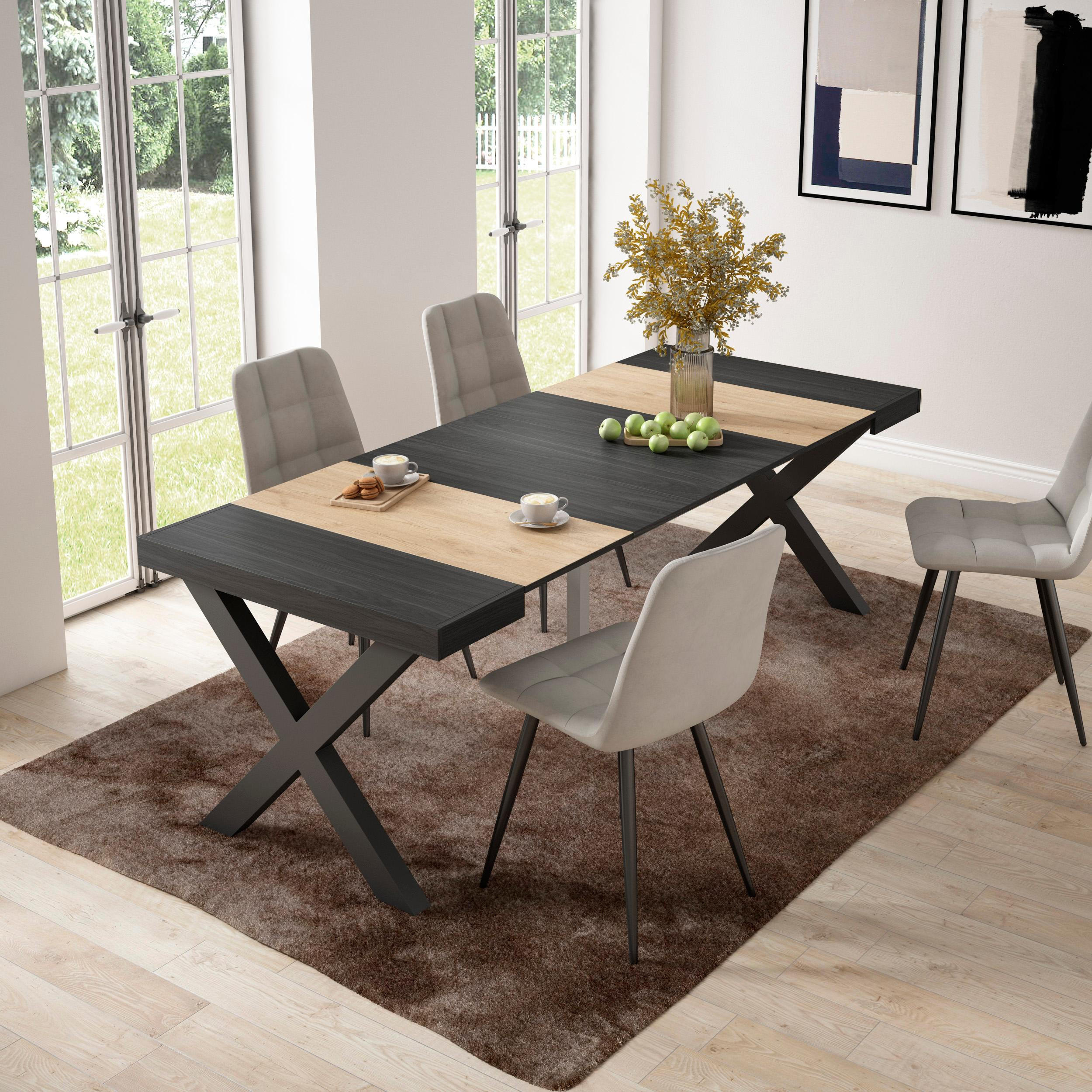 KONSOLENTISCH ausziehbar 58 bis 222cm, für 10 Gäste, eiche, schwarz, 90/58/73cm - Eichefarben/Multicolor, Holzwerkstoff (90/222/73cm) - Skraut Home