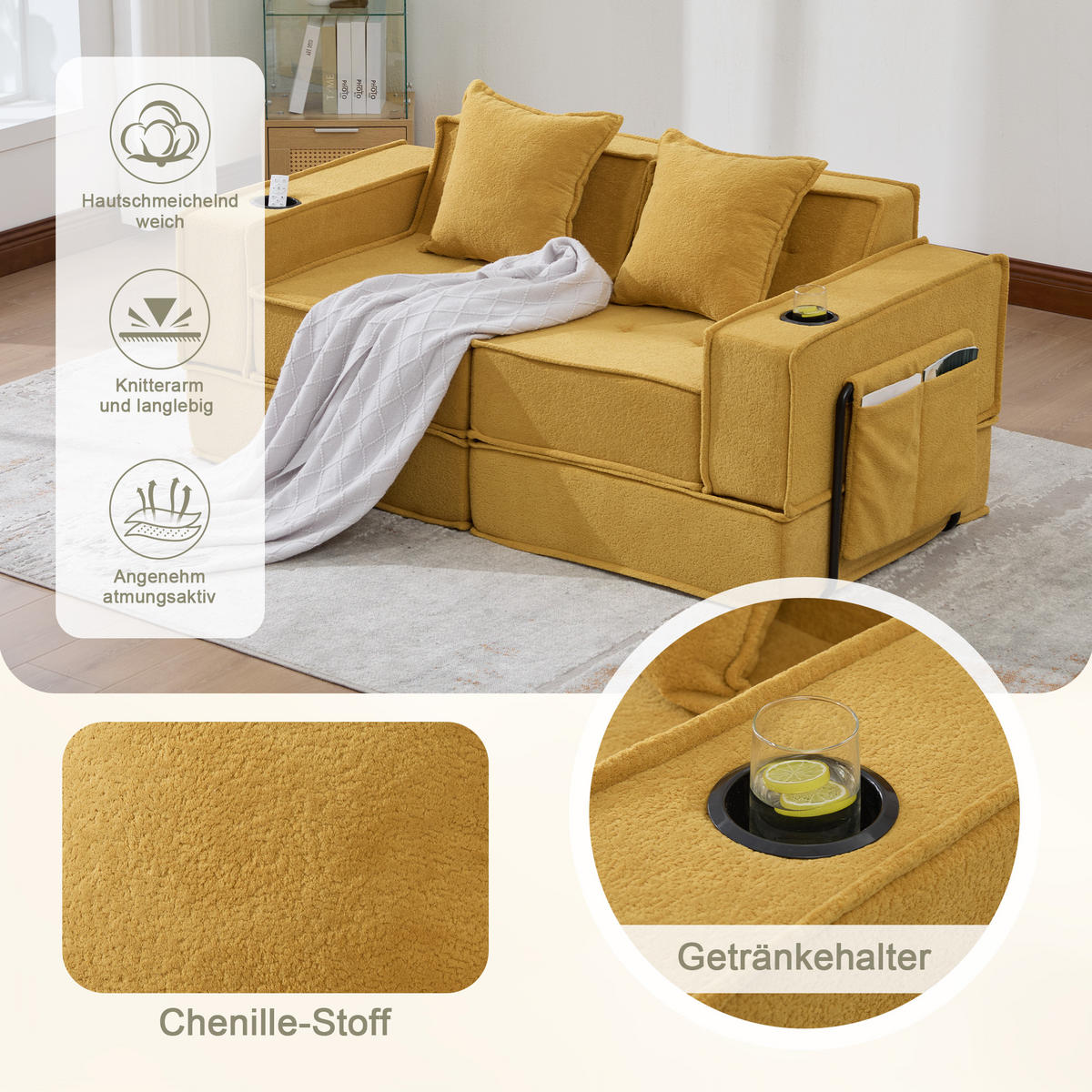 SCHLAFSOFA 162/78/66 cm Senfgelb Chenille mit seitlichem Stauraum und Getränkehaltern - Currygelb, Textil (162/66/78cm) - Oxeza