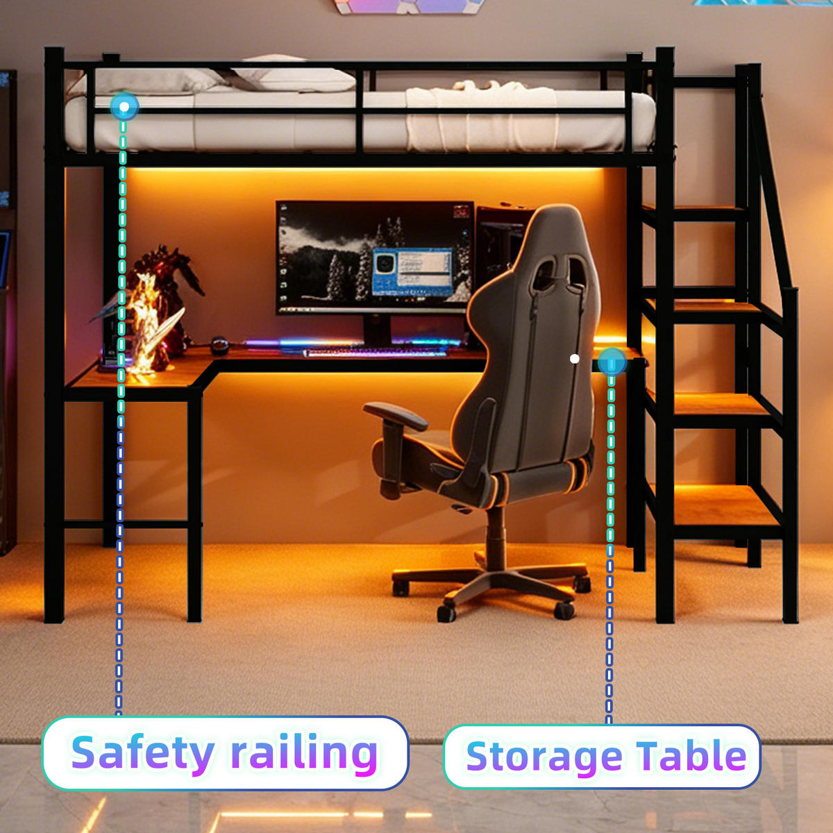 HOCHBETT 90/190 mit L-förmigem Schreibtisch, Stauraumtreppe und Geländer - Schwarz, Holzwerkstoff/Metall (90/200cm) - EVRYAE