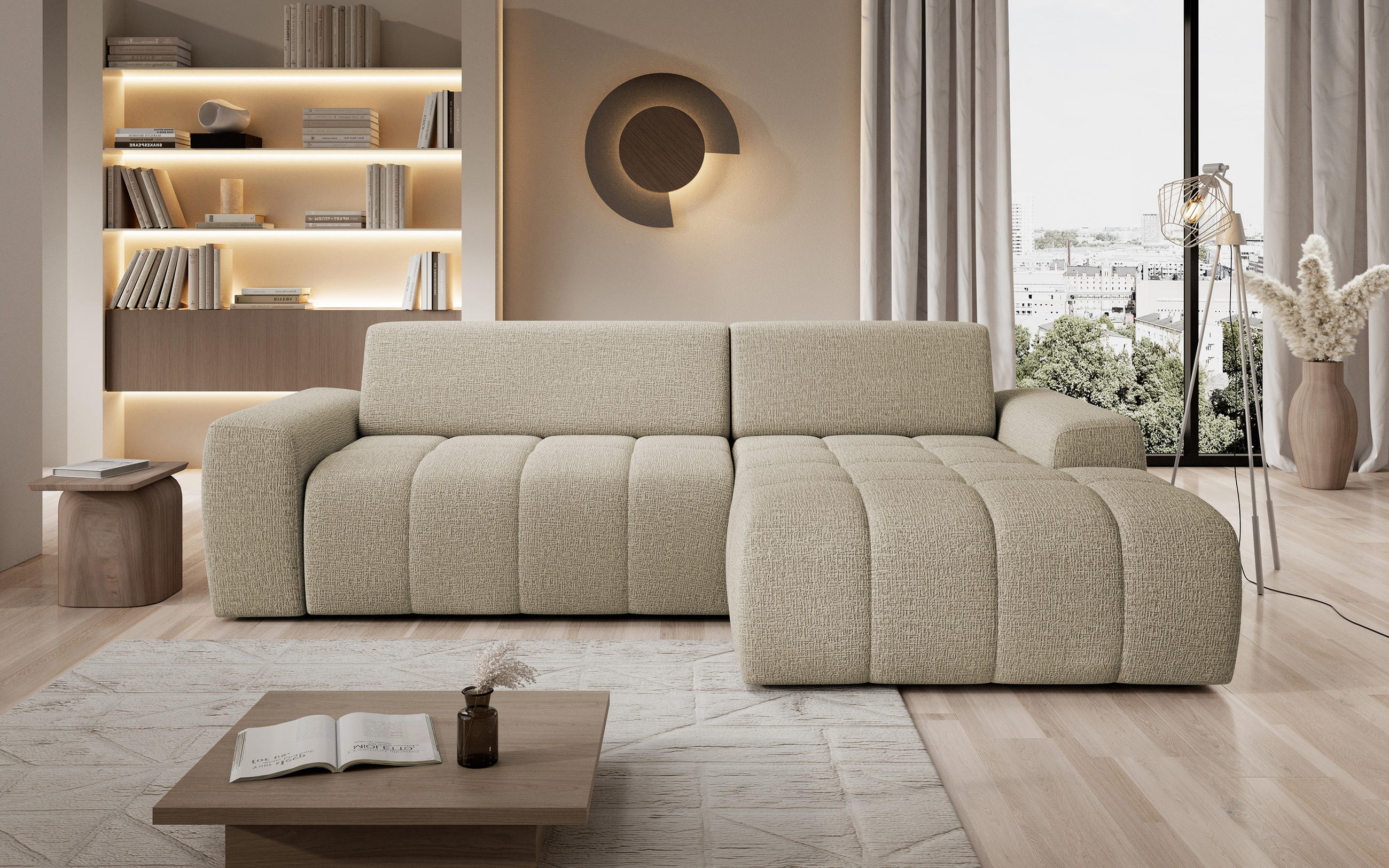 ECKSOFA Savio Freistehend, mit Abriebfestem Kansas-Stoff, Maße 265x172x81 cm, Ausziehbare Sitzfläche 206x92 cm, Rechte, – Dunkelbeige - Currygelb, Holz/Textil (265/172cm) - DomoHome