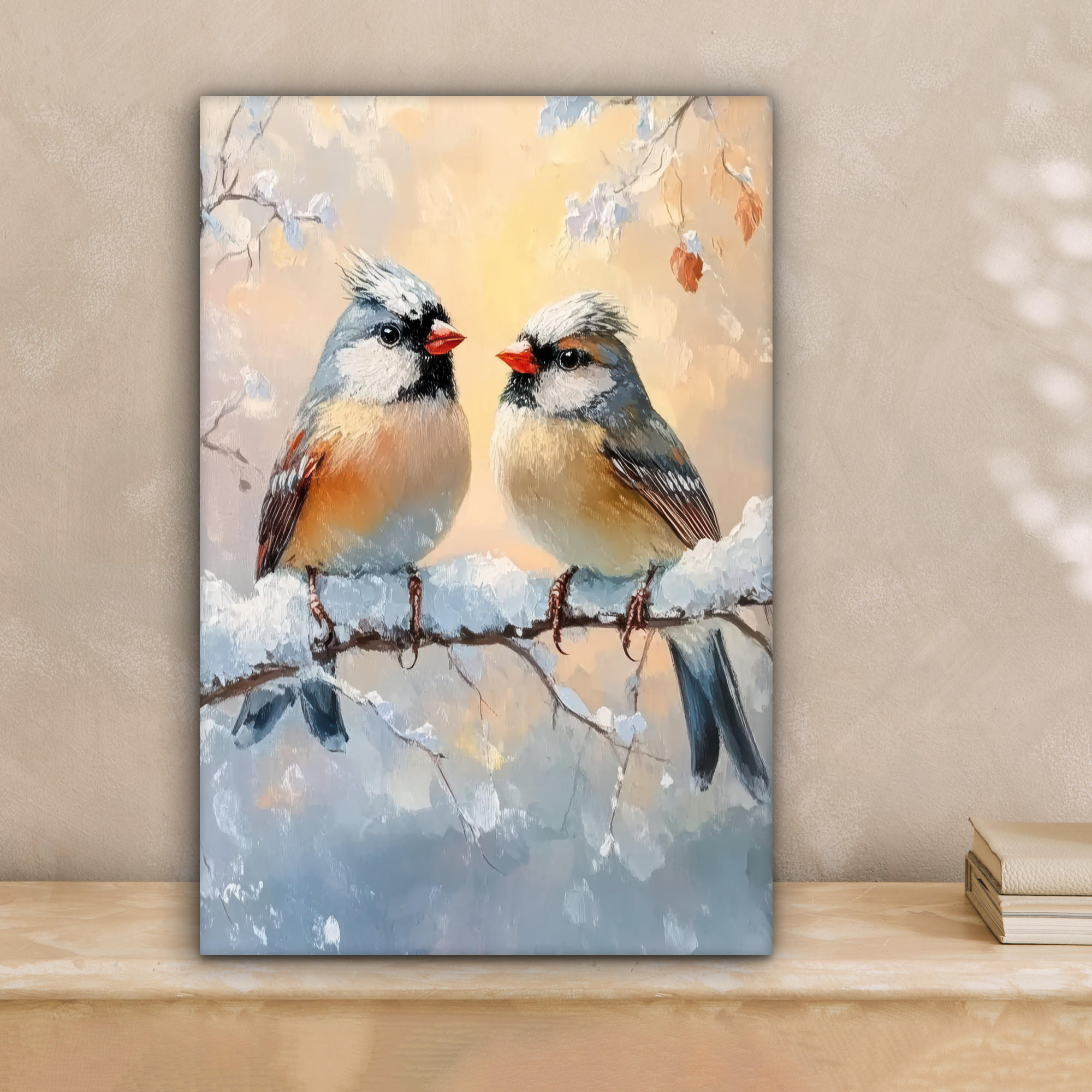 LEINWANDBILD Vögel - Zweig - Winter - Schnee 20x30 cm - Pastellblau, Textil (20/30cm) - MuchoWow