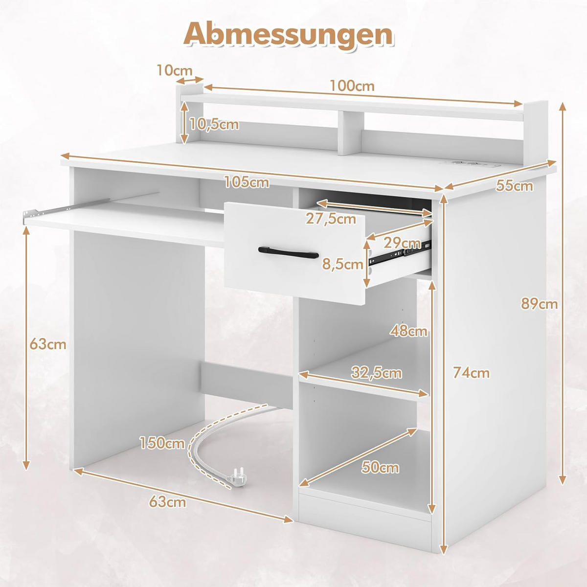 DATORBORD vitt - Vit, Träbaserade material (55/105/89cm) - COSTWAY