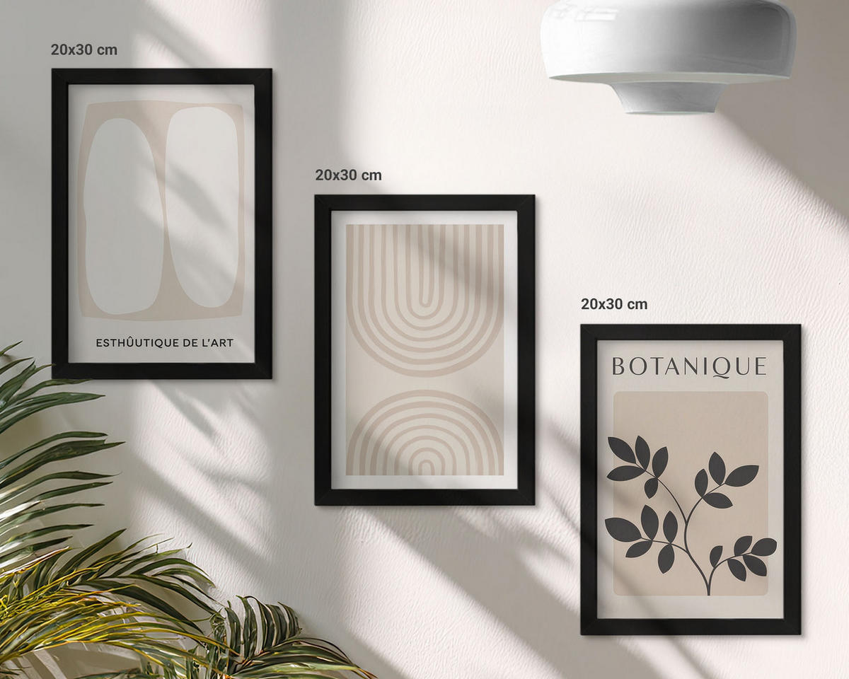 BILDER SET 3er Set - 20x30 cm Schwarzer Rahmen - Boho-Pflanzenposter - Schwarz, Kunststoff (20/30cm) - TULUP