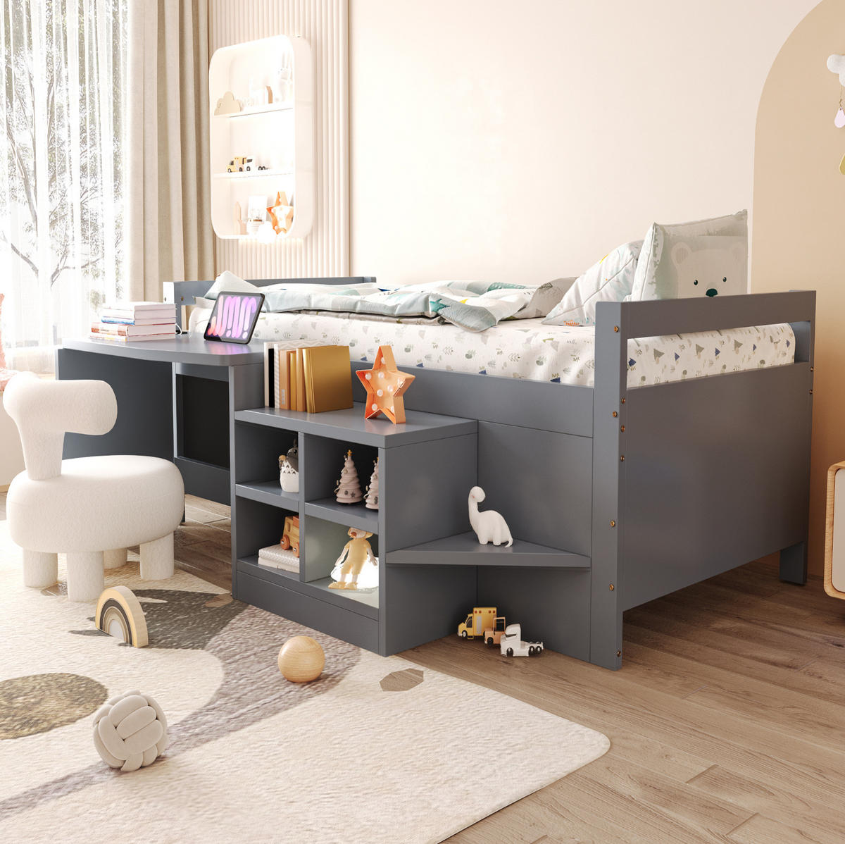 MULTIFUNKTIONSBETT 90/200 cm Grau mit Schreibtisch, Stauraum und Steckdose - Grau, Holz (90/200cm) - MIVRAY