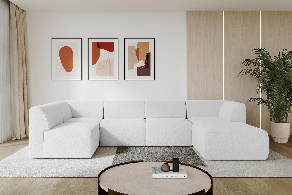WOHNLANDSCHAFT Ottomane Rechts MOVO-L 345x180x78 cm Weiß Bouclé - Schwarz/Weiß, Holzwerkstoff/Kunststoff (345/78/180cm) - ALTDECOR