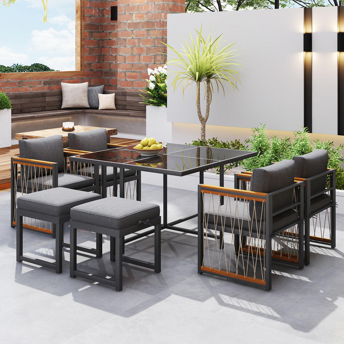 GARTENMÖBEL-SETS mit Sitzkissen 7-teilig - Grau, Glas/Metall - Urban Meuble