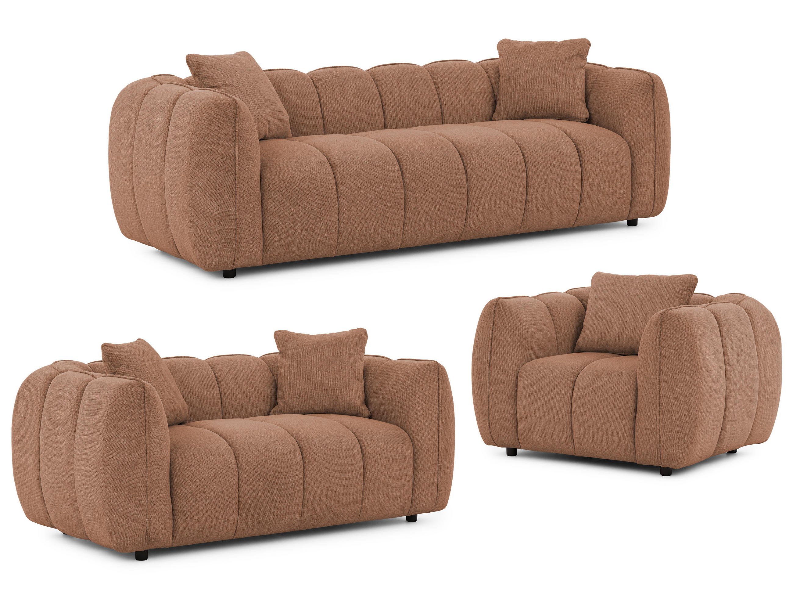 S-Style SEDACÍ SOUPRAVA 3+2+1 Nubira v hluboce prošívaném designu Bubble z měkké strukturované látky v terakotové barvě s moderním vzhledem